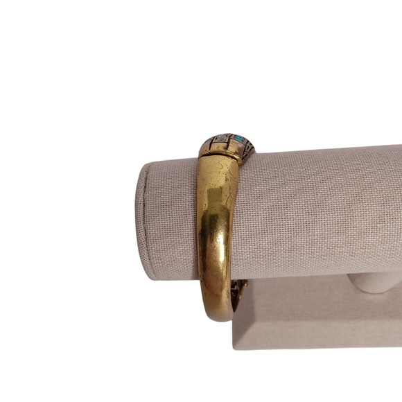 Gold and Blue Mosaic Women's Bracelet Has Aqua And‎ Clear Rhinestones HINGED - Picture 5 of 5